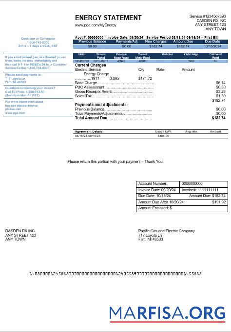 Printable USA California PG&E (Pacific Gas and Electric Company) business utility bill template in Word and PDF formats, version 2